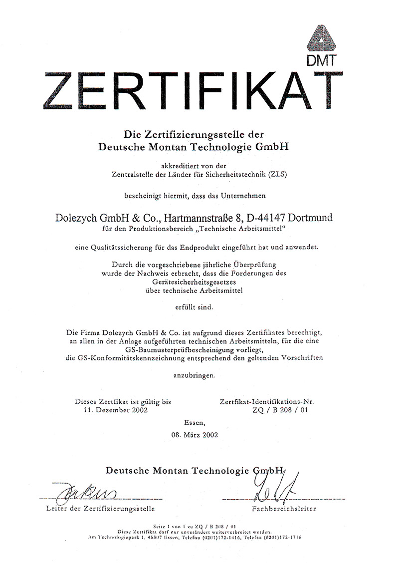 德國(guó)DOLECO多來(lái)勁吊具德國(guó)礦山協(xié)會(huì)證書(shū)